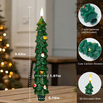 AVEKI Christmas Tree Flameless Taper Candles with Remote, 2 Pcs LED Christmas Tree Candles Real Wax with 3D Flame, 9.7" Battery Operated LED Candlesticks for Home Fireplace Christmas Decor (2 PCS)