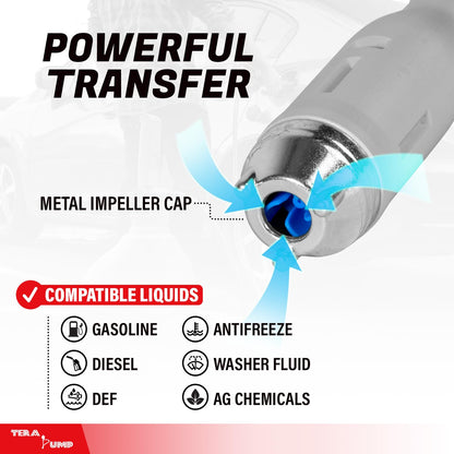 TERA PUMP Next Gen. 2x More Powerful Rechargeable Battery Liquid Transfer Pump (Up to 20% Faster Flow, 10.3 Liter/Min) Precise Nozzle Extra Long 10-ft. Hose for E85, Gas, Diesel, Kerosene and more