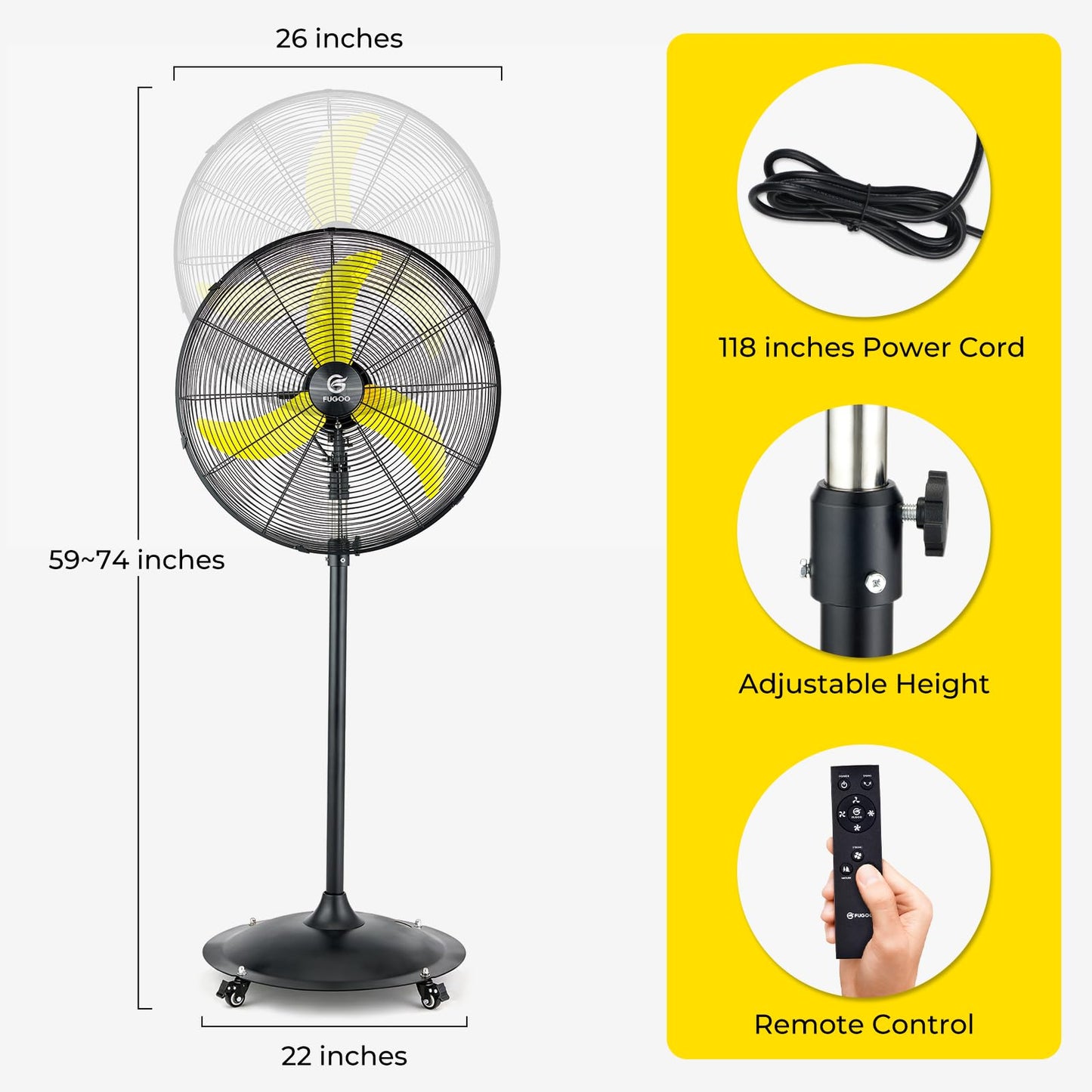FUGOO 24'' Outdoor Oscillating Pedestal Fan With Remote Control,All Sealed BLDC Motor, 4-Speed Waterproof Outdoor Fan, Heavy Duty Industrial Floor Fans for House,Patios, Commercial, Garage, Warehouse