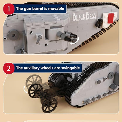 Military WWI British Mark I Tank Armored Vehicle Building Block Toys 841PCS for Kids Aged 8+ Or Adults Compatible with Lego.