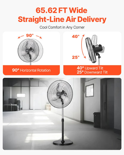 VEVOR Industrial Pedestal Fan, 20 Inch 90-Degree Oscillating Fan, Height Adjustable Standing Fans with 3 Adjustable Speeds, High Power Floor Fans for Warehouse,Garage,Commercial, Black