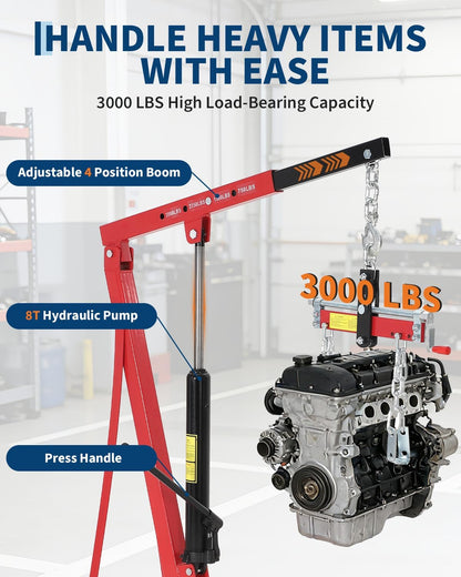 EliteEdge 1.5 Ton Hydraulic Engine Hoist, 3000 LBS Portable Shop Crane with Adjustable Telescopic Boom & 4 Casters, Heavy-Duty Cherry Picker for Garage, Warehouse, and Workshop Lifting, Red