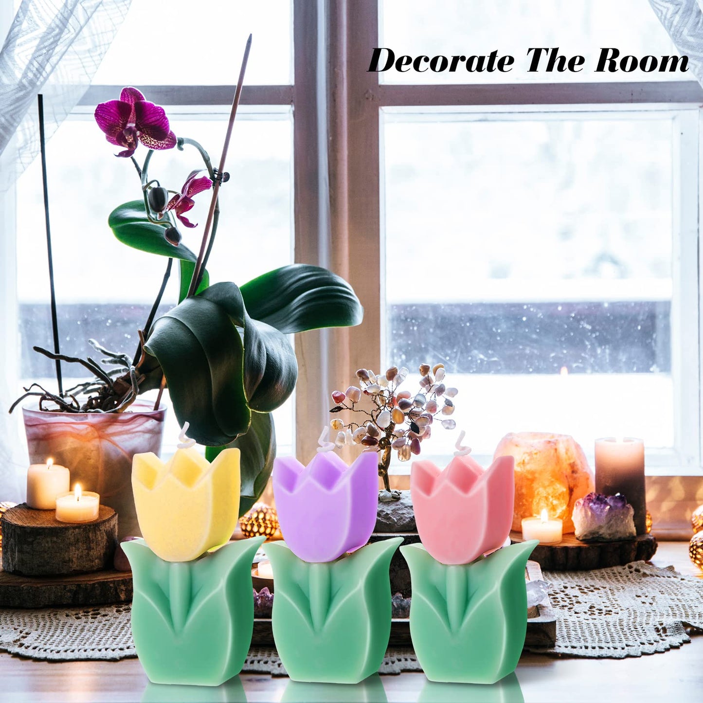 Ferraycle 3 Pcs Flower Tulip Shaped Candles Aesthetic Cute Paraffin Wax Decorative Candle for Gift Wedding Party Favors(Pink, Yellow, Purple)