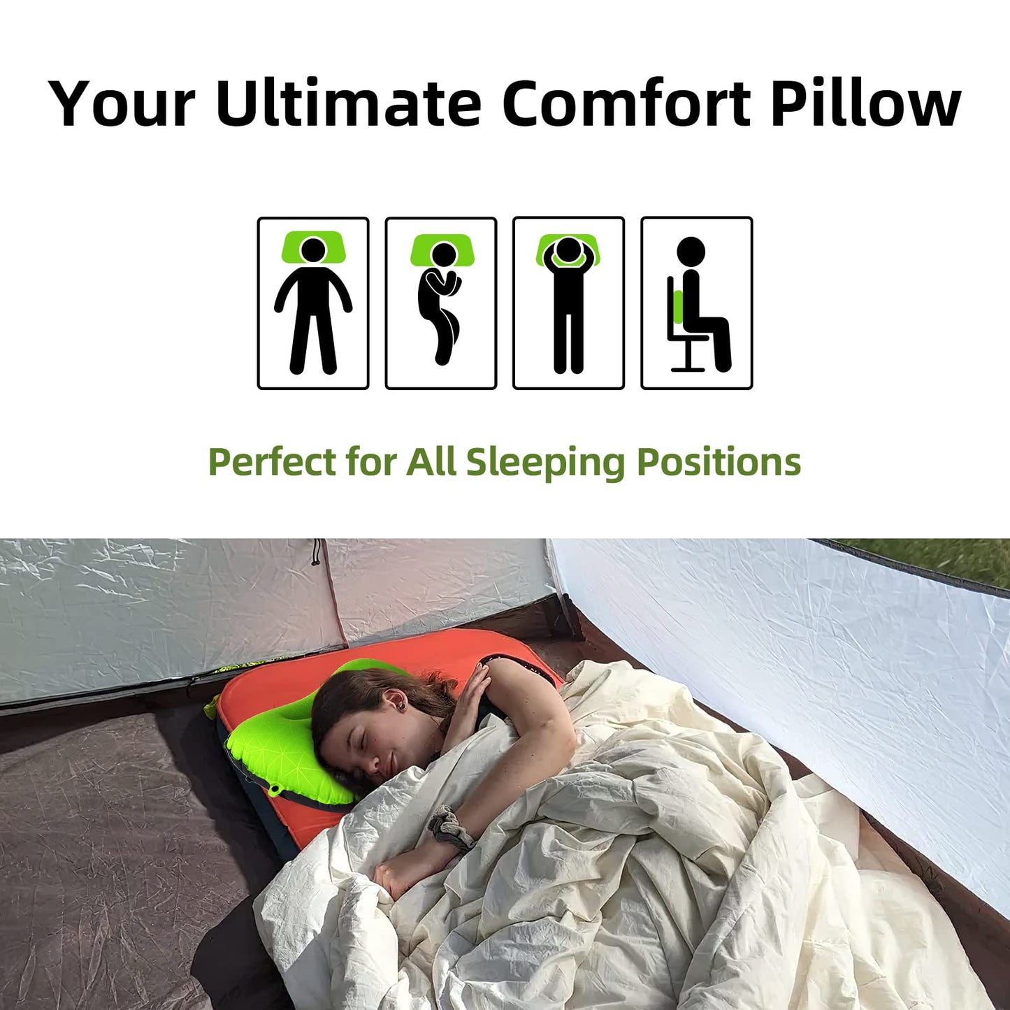 Crisonky Camping Pillow - Inflatable Pillow - Travel Pillows for Backpacking & Airplane, Lumbar Support 2.0 Blow Up Pillow, Ultralight Compressible, Comfortable, Ergonomic Pillows