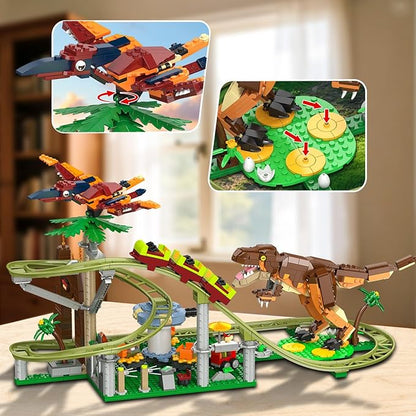 HOGOKIDS Dinosaur Roller Coaster Building Set - 1222 PCS Roller Coaster Building Toy with 4 Dinosaur Off-Road Vehicle Food Cart Dinosaur Models Playset Gifts for Adults Girls Boys Ages 8-12 Years