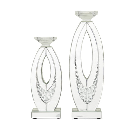 Deco 79 Glass Decorative Candle Holder Pillar Candle Stand with Mirrored Accents and Crystals, Set of 2 Candlestick Holder 17", 13" H, Silver