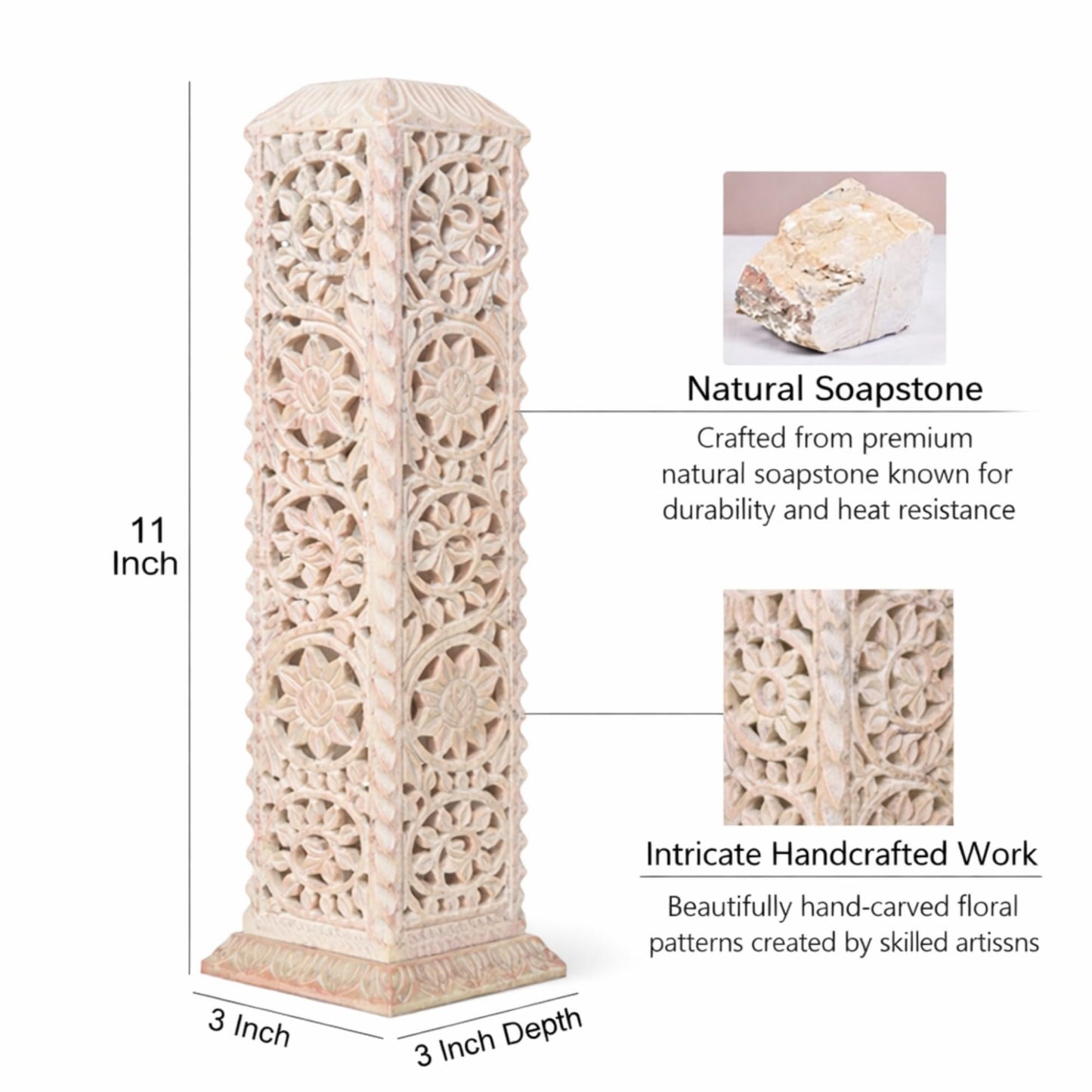 Carry Me Handmade Marble Soapstone Incense Stick Burner | Candle Stick Holder | Tea Light Stand - Floral Carving for Gifting. Decorative Incense Tower for Home and Office Decor. (3x3x11 Inches)