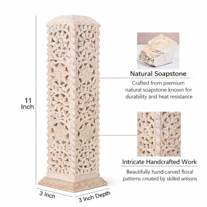 Carry Me Handmade Marble Soapstone Incense Stick Burner | Candle Stick Holder | Tea Light Stand - Floral Carving for Gifting. Decorative Incense Tower for Home and Office Decor. (3x3x11 Inches)