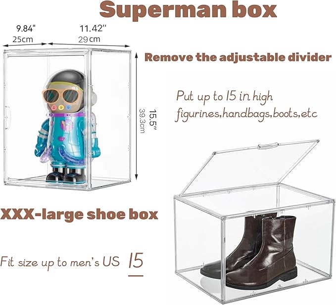 XXX-Large Clear Acrylic Display Case Boot Shoe Storage Boxes With An Adjustable Divider2 Pack 2 Tiers Clear Plastic Stackable Storage Bins With Lids Big Display Acrylic Box With Magnetic Door