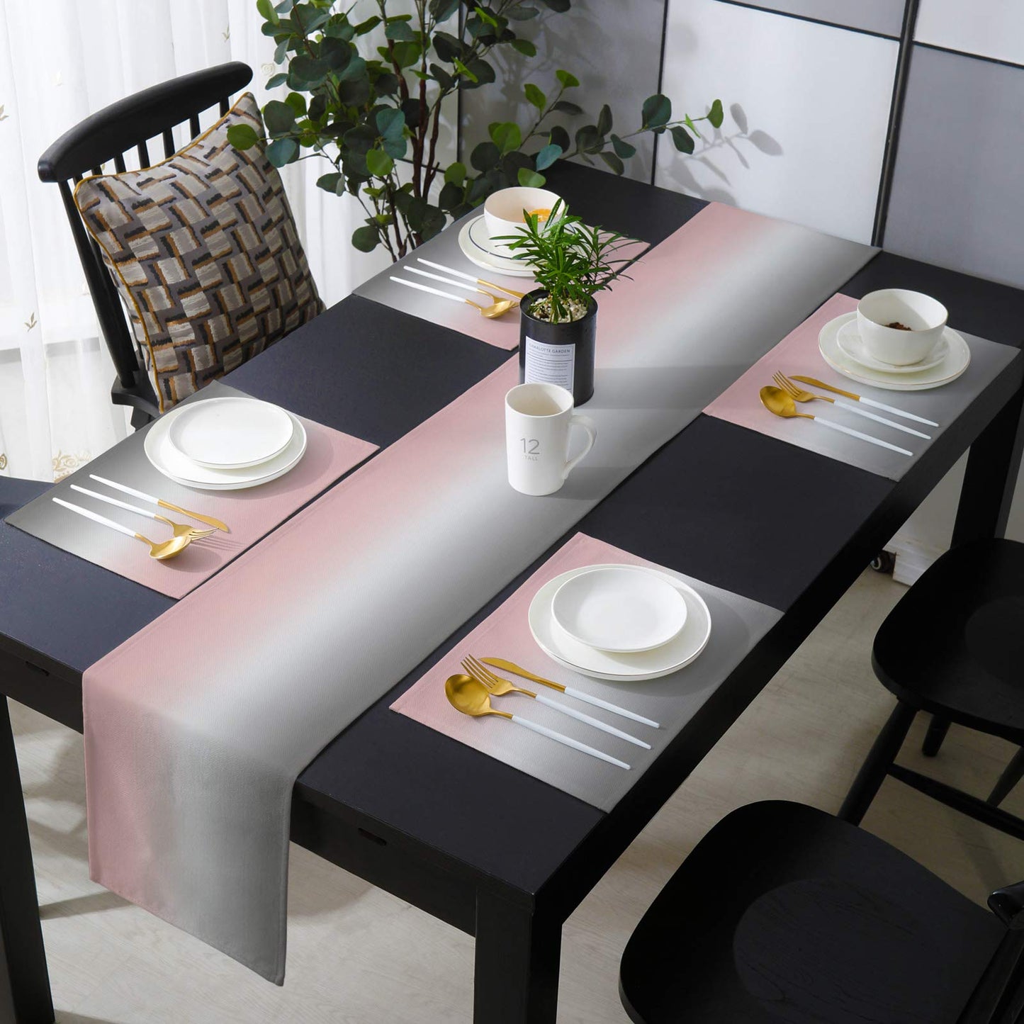 LaBLUUX Table Runner with 6 Place Mats, Gradient Color Pink Gray Cotton-Linen Dining Mat Sets Heat Resistant Washable Placemat for Dining Table/Kitchen/Living Room/Office/Picnic 13x90 Inch