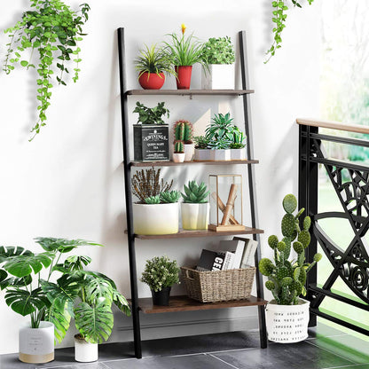 Tangkula Industrial 4-Tier Ladder Shelf, Leaning Against The Wall Bookshelf for Living Room Office, Multipurpose Storage Rack Shelves with Metal Frame, Plant Flower Stand (Rustic Brown)