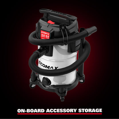 ECOMAX 8 Gallon Ultra-Quiet Shop Vacuum Wet and Dry, Stainless Steel Shop Vac with 80% Noise Reduction, 3X Longer Motor Life, 4 Peak HP Suction, Complete Accessory Kit for Garage, Workshop & Home
