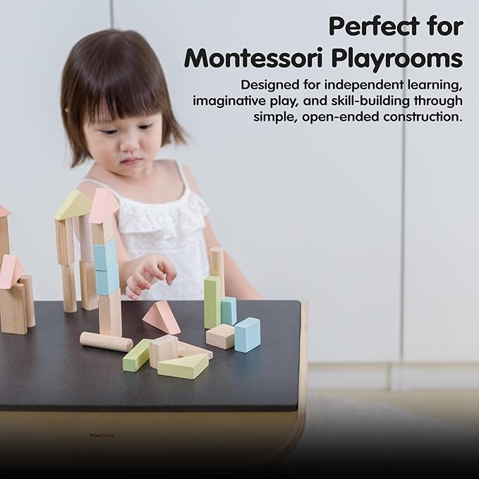 PlanToys 40 Piece Unit Block Building and Construction Block Set (5507) | Pastel Color Collection |Sustainably Made from Rubberwood and Non-Toxic Paints and Dyes