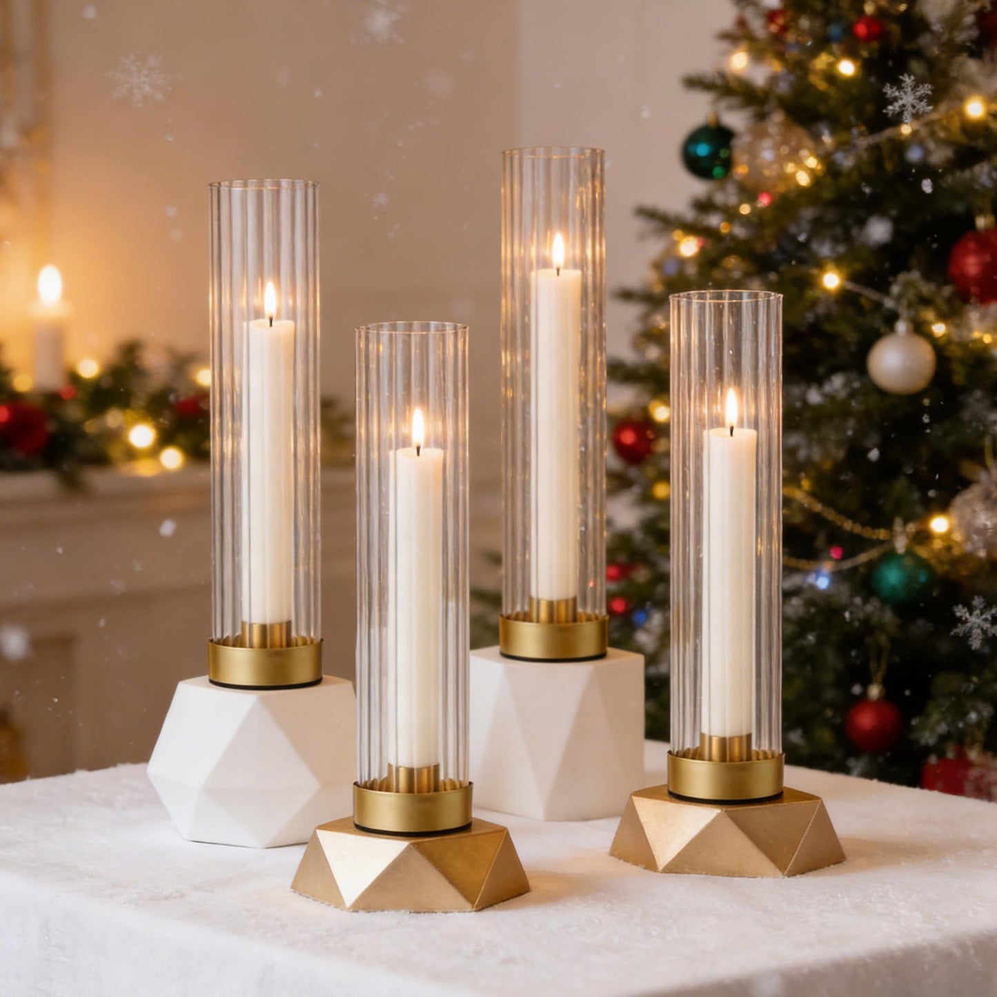 Hurricane Candle Holders Golden Taper Candle Sticks Holder, with 11" Thickened Glass Cylinder Covers Ribbed Candlesticks Holders Bulk Set of 4, Dining Table Centerpiece for Wedding
