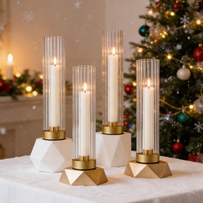 Hurricane Candle Holders Golden Taper Candle Sticks Holder, with 11" Thickened Glass Cylinder Covers Ribbed Candlesticks Holders Bulk Set of 4, Dining Table Centerpiece for Wedding