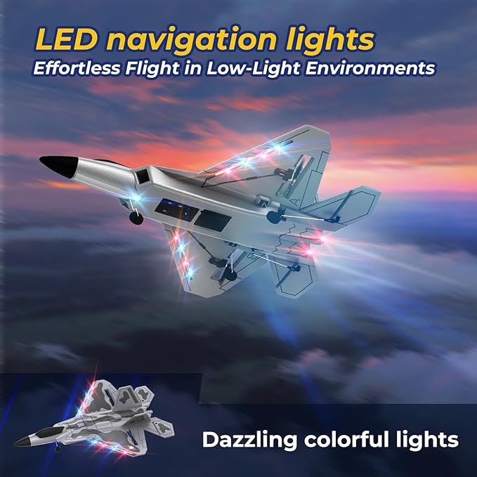 F22 Remote Control Airplane 4 Channel with Lights 2.4G RC Fighter Plane with 6-axis Gyro Stabilizer for Beginner RTF RC Plane 2 Batteries 37min Flight Time - 19in*14in