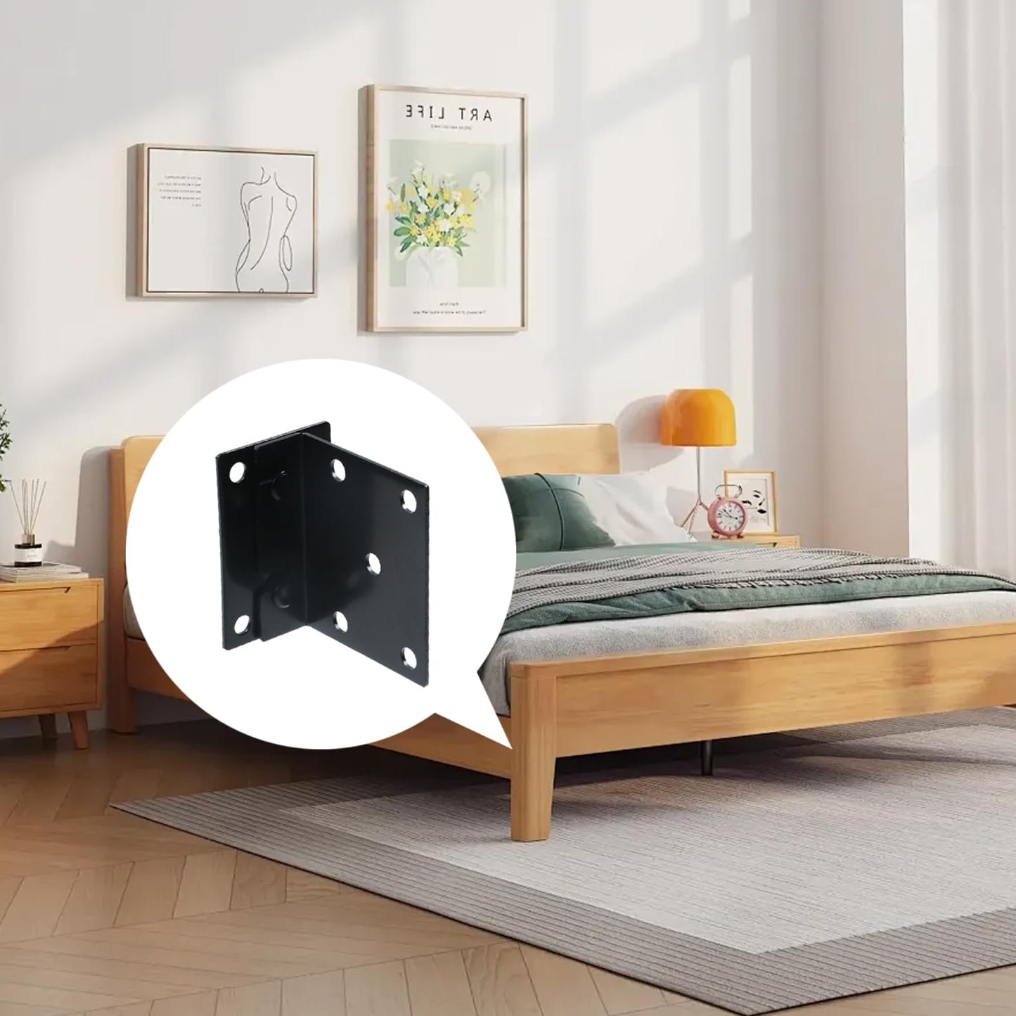FarBoat 8 Pcs Universal Iron Bed Rail Brackets Heavy Duty Hardware Beds Hinge 2 Hooks for Bed Frame with Screws, 3.54"x2.95"/90x75mm, Black, Style F