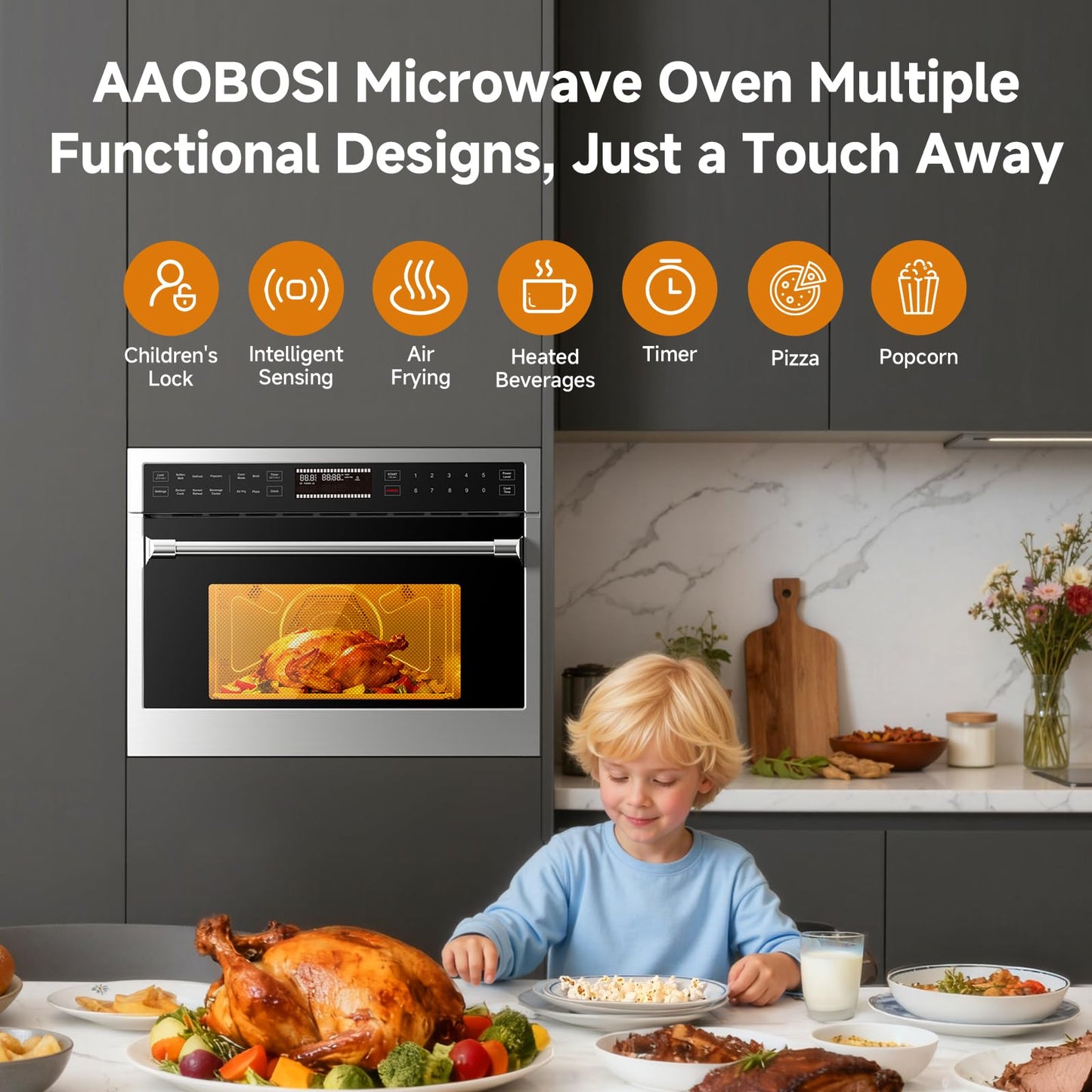 AAOBOSI 24 Inch Built in Microwave Oven,1.6 Cu.Ft Wall Microwave Convection Ovens Air Fryer Combos, 1000Watt Power Sensor&Auto Cook, 10 Cooking Modes, Drop Down Door,Stainless Steel