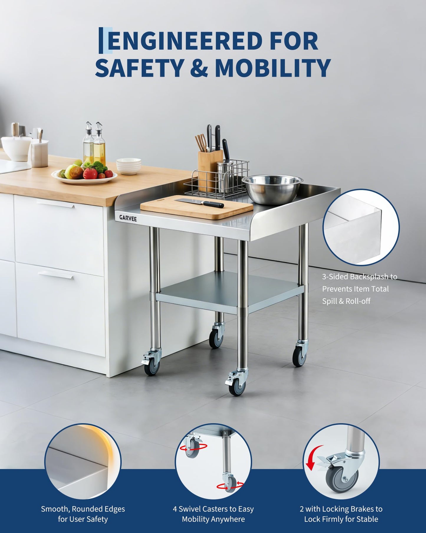 24 x 36 x 26 Inch Stainless Steel Work Table with Wheels, 3-Sided Backsplash and Adjustable Undershelf, Heavy Duty Commercial Prep Worktable for Kitchen, Restaurant, Garage