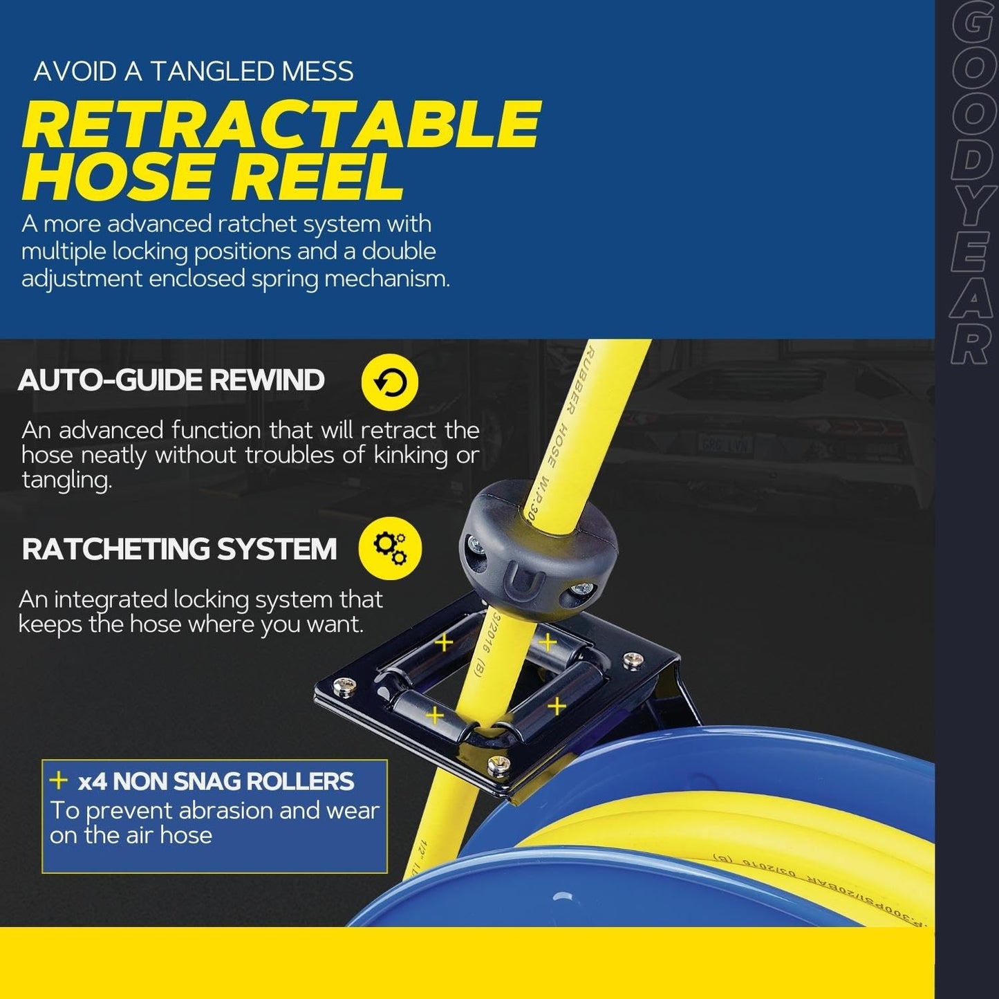 Goodyear Air Hose Reel Retractable 1/2" Inch x 65' Foot SBR Rubber Hose Max 300PSI Heavy Duty Industrial Steel Single Arm Construction