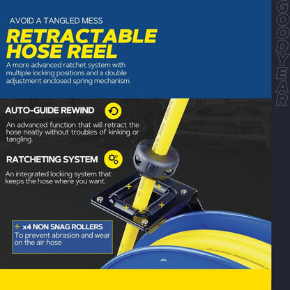 Goodyear Air Hose Reel Retractable 1/2" Inch x 65' Foot SBR Rubber Hose Max 300PSI Heavy Duty Industrial Steel Single Arm Construction
