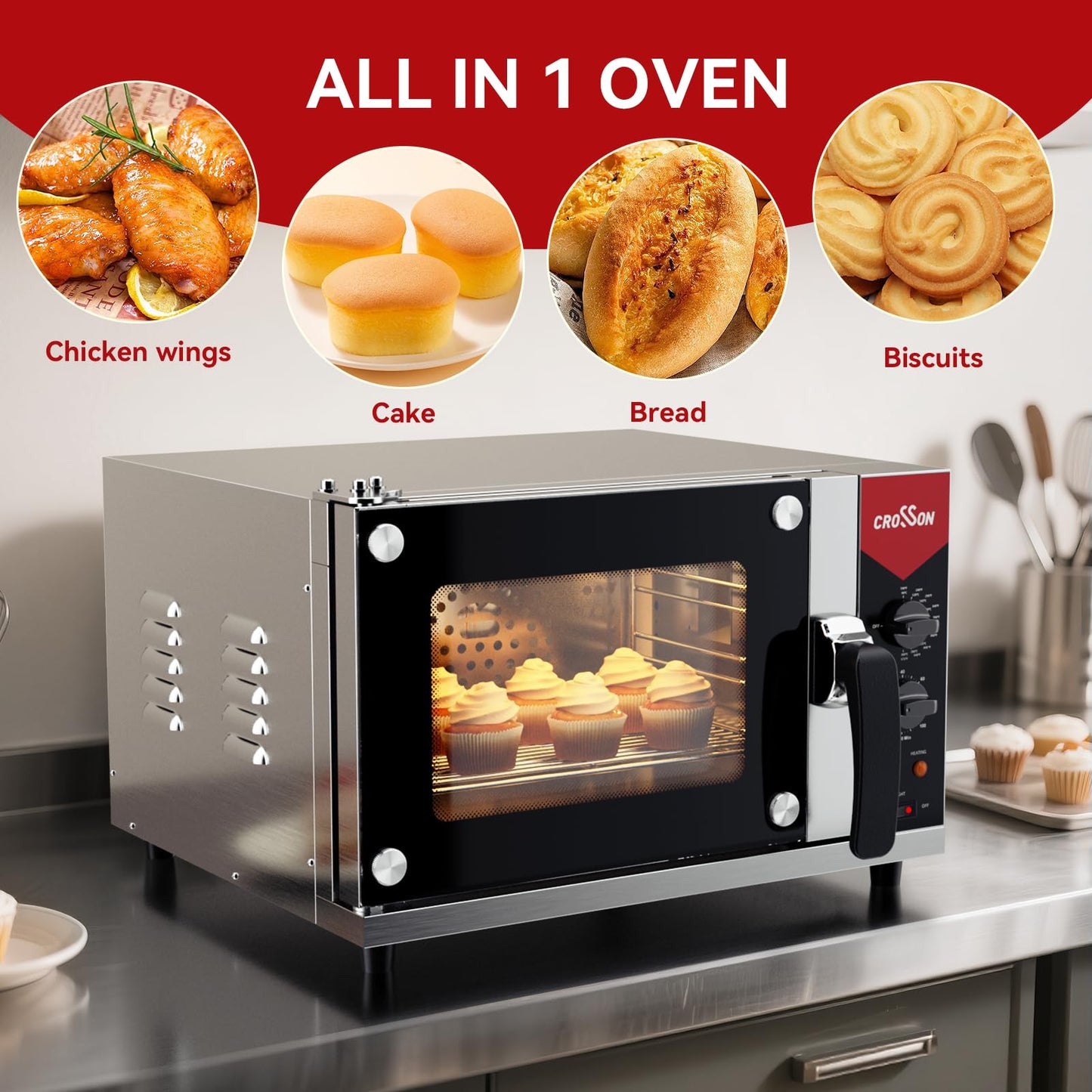 CROSSON 23L Quarter-Size Convection Oven,3-Tier Commercial Toaster oven w/Front Glass Door,3 set of Wire Racks,120 Minutes Timer and Interior Light, 120V/1600W Countertop Conventional Oven