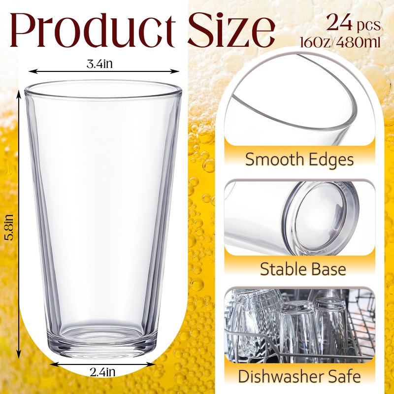 Patelai 24 Set Pint Beer Glasses Set 16 oz Pint Glasses Drinking Made for Beverages, Juice, Cocktail, Highball Drinking Tumbler Glass Design for Home Dining, Bars, Pubs and Parties & Dishwasher Safe