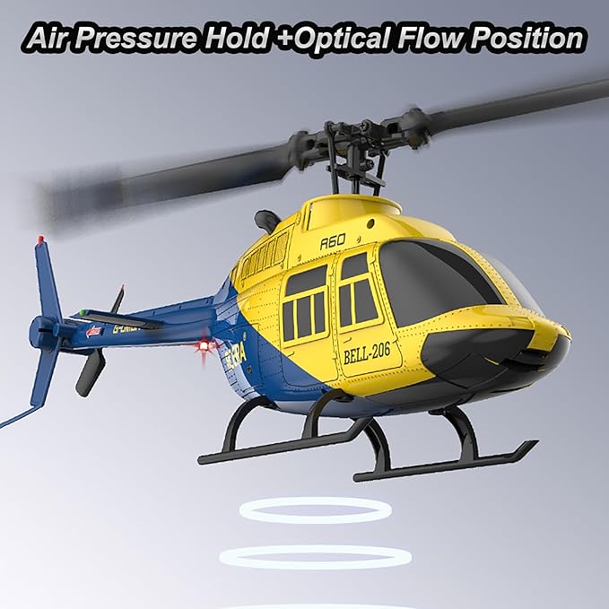 A60 206 Remote Controlled Helicopter Aircraft Plane 4CH RC Heli Aileronless 1/42 Scale 6-Axis Gyroscope Altitude Hovering Optical Flow Position 2Battery for Adults Beginners Yellow