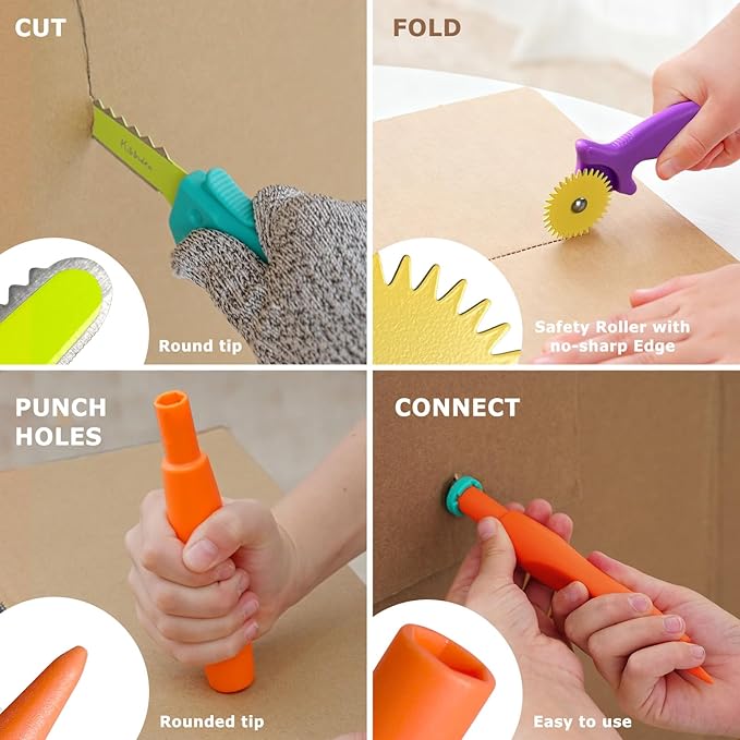 Cardboard Tools for Kids 98 Pcs Resuable Cardboard Construction Tools with Cutter for Family &amp Classrom Activities STEM Educational Construction Building Kit Toys for Boys &amp Girls Ages 5+ (9