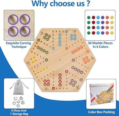 Large Size 20 inches Wood Wahoo Marble Board Game 2 Sided Game 4-6 Player for Friends and Family Party Classic Wahoo Style Strategy Racing Game with 6 Dices30 Marbles (Log)