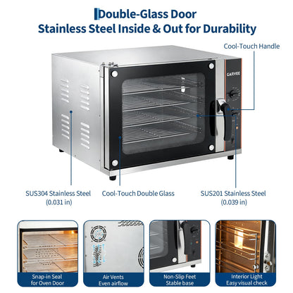 Commercial Convection Oven, 68L/60Qt Stainless Steel Air Fryer Toaster Oven Combo, 4-Tier Countertop Rotisserie Oven with Glass Door, 1750W Baking Roaster, 30-300°c, Trays & Racks, US Plug