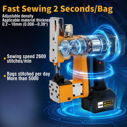 Cordless Bag Sewing Machine 2s/bag, Cordless Bag Closing Machine with 2.6A 36V Rechargeable Lithium Battery, Aluminum Alloy Portable Bag Sewing Machine for Burlap Sack, Canvas, Feed Sacks
