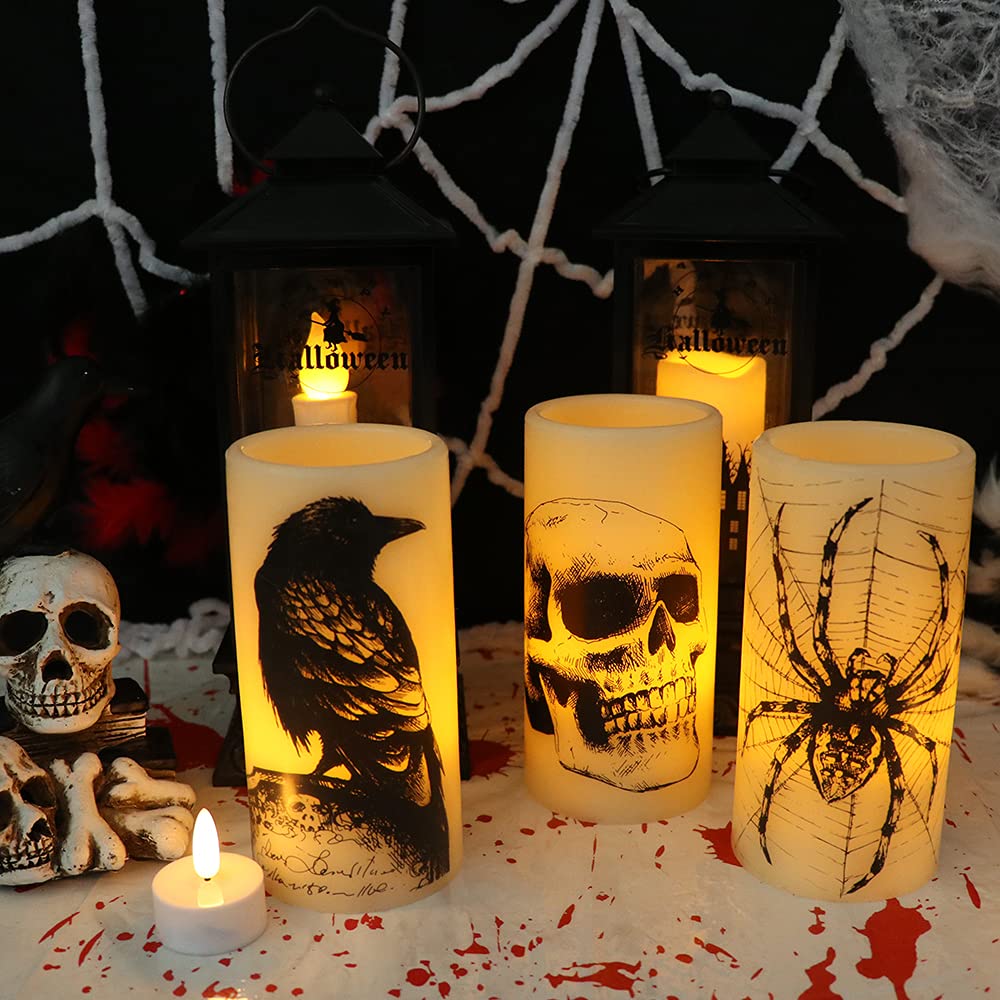 DRomance Halloween Flameless Flickering Candles Battery Operated with 6 Hour Timer White Real Wax Spooky LED Pillar Candles Skull Spider Crown Decals Hallloween Indoor Decor(3 x 6 Inches)