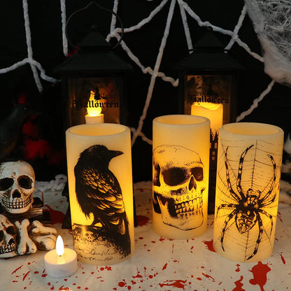 Lasumora Halloween Flameless Candles with 6H Timer, LED Pillar Candles mit Skull, Spider Web, Crow Raven Decals Set of 3, Battery Operated Real Wax Candles, Halloween Decor Horror Gothic Punk