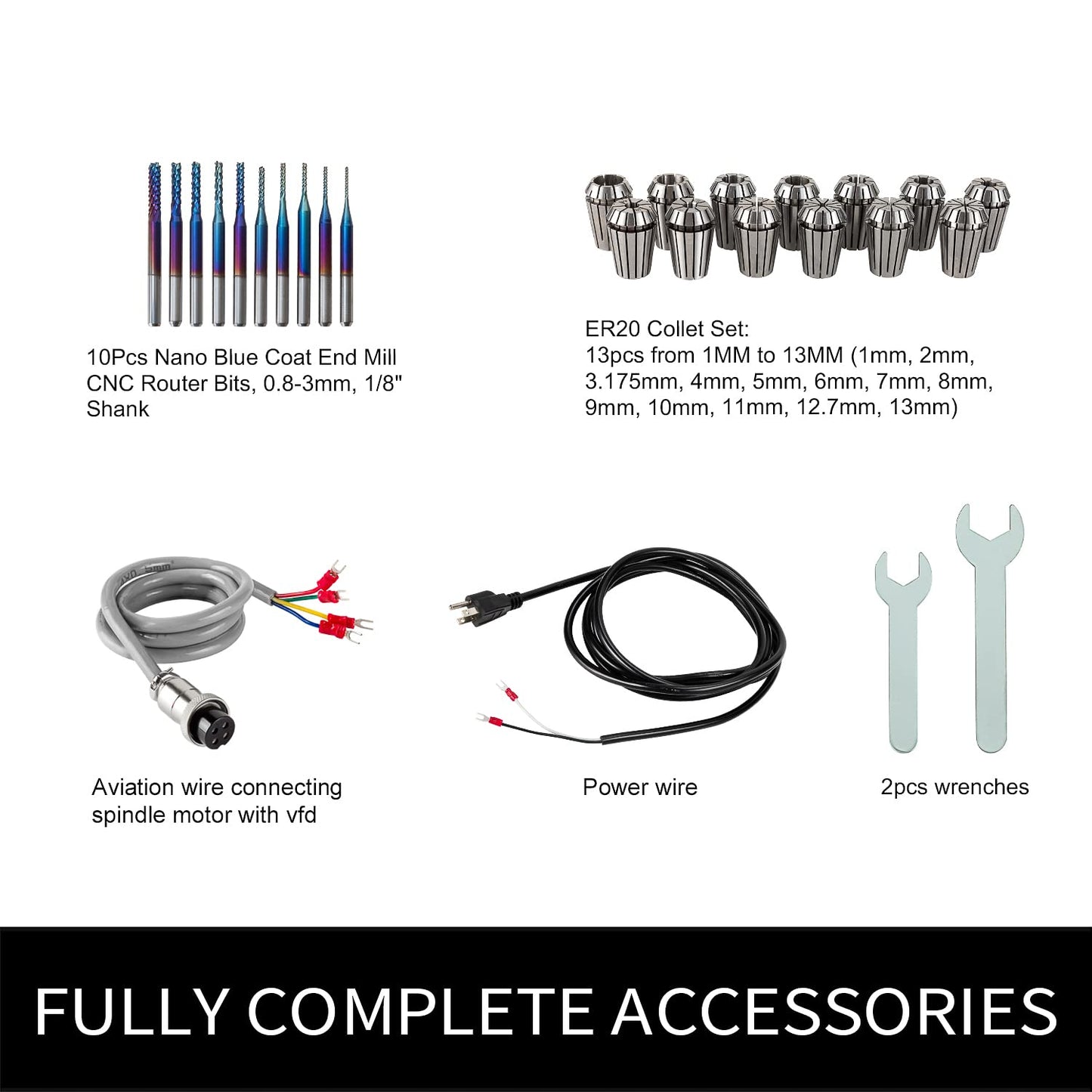 CNC Spindle Motor Kits, 220V 3KW 3000W Φ100mm Air Cooled Spindle CNC Spindle CNC Motor + 3.7KW VFD+Φ100mm Clamp Mount + Collet Set ER20+ Drill bits+ Wires for CNC Router Machine