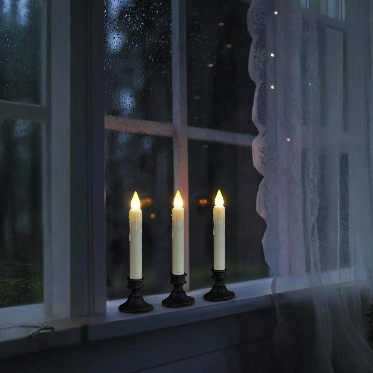 Daord 6 Pcs Sensor Dusk to Dawn Window Candles Flameless Flickering Candlesticks with Black Holders & Suction Cups Battery Operated Fake Candle for Christmas Home Decor (6pcs,Ivory)