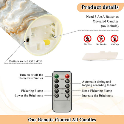 Gravopti White Marble 2 Pack Flameless LED Pillar Candles with Remote & Timer, Battery Operated, Flickering Wax Candle for Wedding, Romantic Home & Party Decor