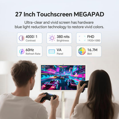 KTC 27" MEGAPAD 1080p Portable TV Touchscreen Monitor, EDLA-Certified Android 14 8G RAM +128G Storage Octa-core CPU Qualcomm Remote Control 9500mAh Battery Full Swivel Rotation Camera