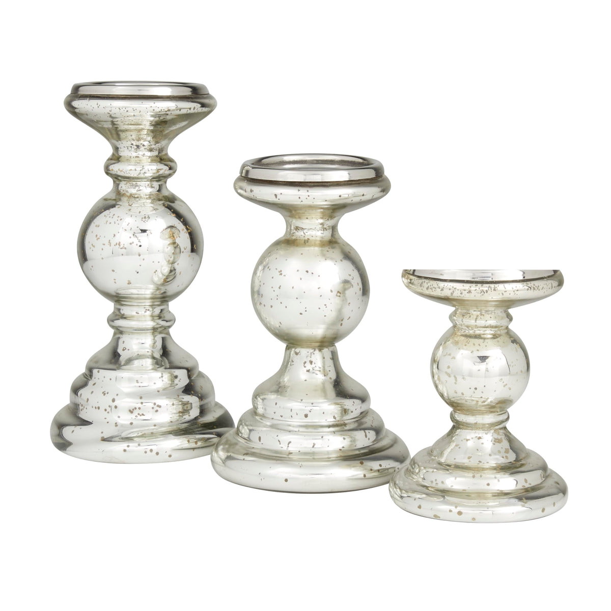 Deco 79 Glass Decorative Candle Holder Turned Style Pillar Candle Stand, Set of 3 Candlestick Holder 10", 8", 6"H, Silver