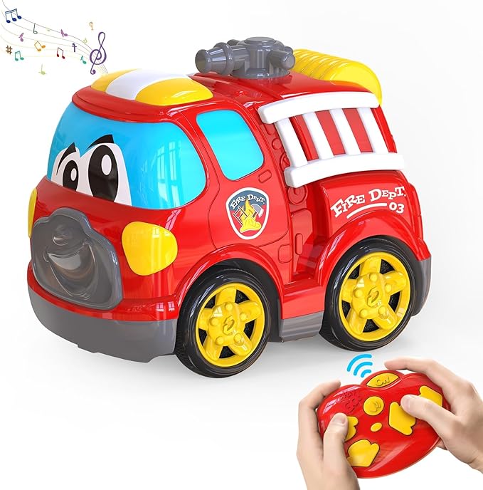 Remote Control Car 2.4G Cartoon Emergency Vehicle RC Fire Truck Engine Toys with Lights &amp Music Birthday Gifts for Toddlers Kids Boys &amp Girls 1-5 Years Old (Red)