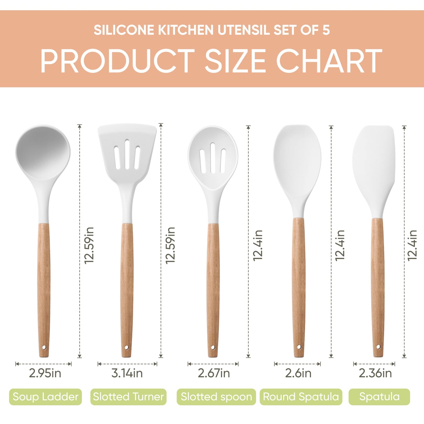 Herogo 8 Pcs Non-Stick Silicone Cooking Utensils Set with Wooden Handle, Heat Resistant Food-Grade Kitchen Utensils Set, Includes Spatula Spoon Turner Server Whisk Ladle for Baking, Cooking (White)