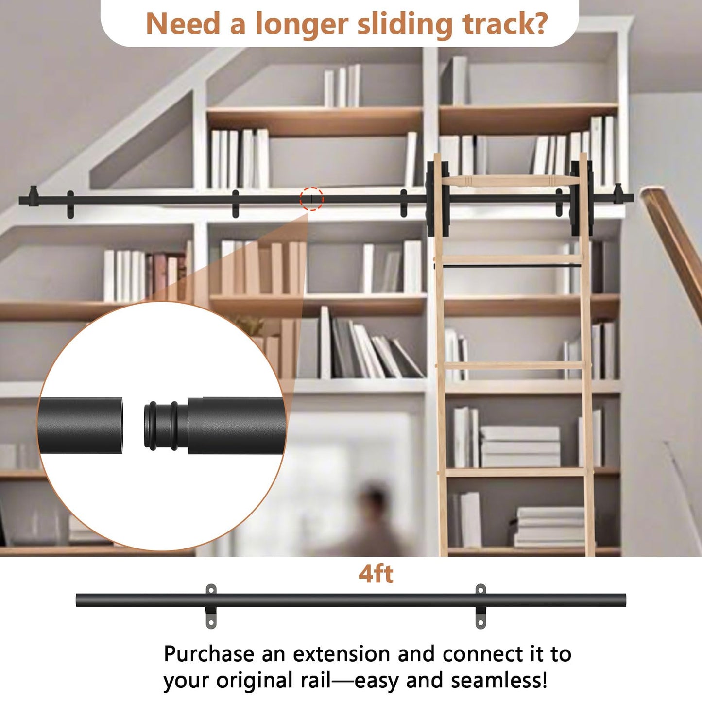 LKCBITION 87inch Heavy Duty Oak Wood Ladder with 4ft Telescoping Top Rollers & Bottom Brake Wheels Sliding Hardware, Rolling Library Ladder for Loft, Attic, Bookshelf