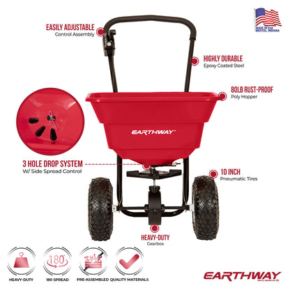 EarthWay 2050P 80lb Broadcast Spreader, Lawn Aerator, Fertilizer Spreader, 80lb Capacity, Pre-Assembled, with Rustproof Poly Hopper and Adjustable Drop Rate for Lawn Care & Seed Spreading