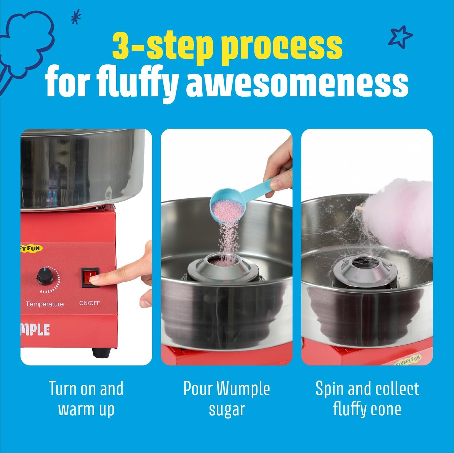 Wumple Cotton Candy Machine - 1000W Commercial-Grade Electric Cotton Candy Maker - 3-Minute Heat-Up - Stainless Steel Bowl - for Parties, Carnivals & Home Use - Red