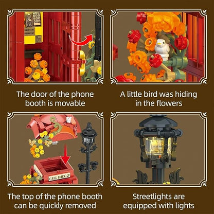 London Retro Red Telephone Booth Architecture Set with LED Lighting Creative Flores Phone Box for The Office and Home Set Adult Collector Decor 1142pcs