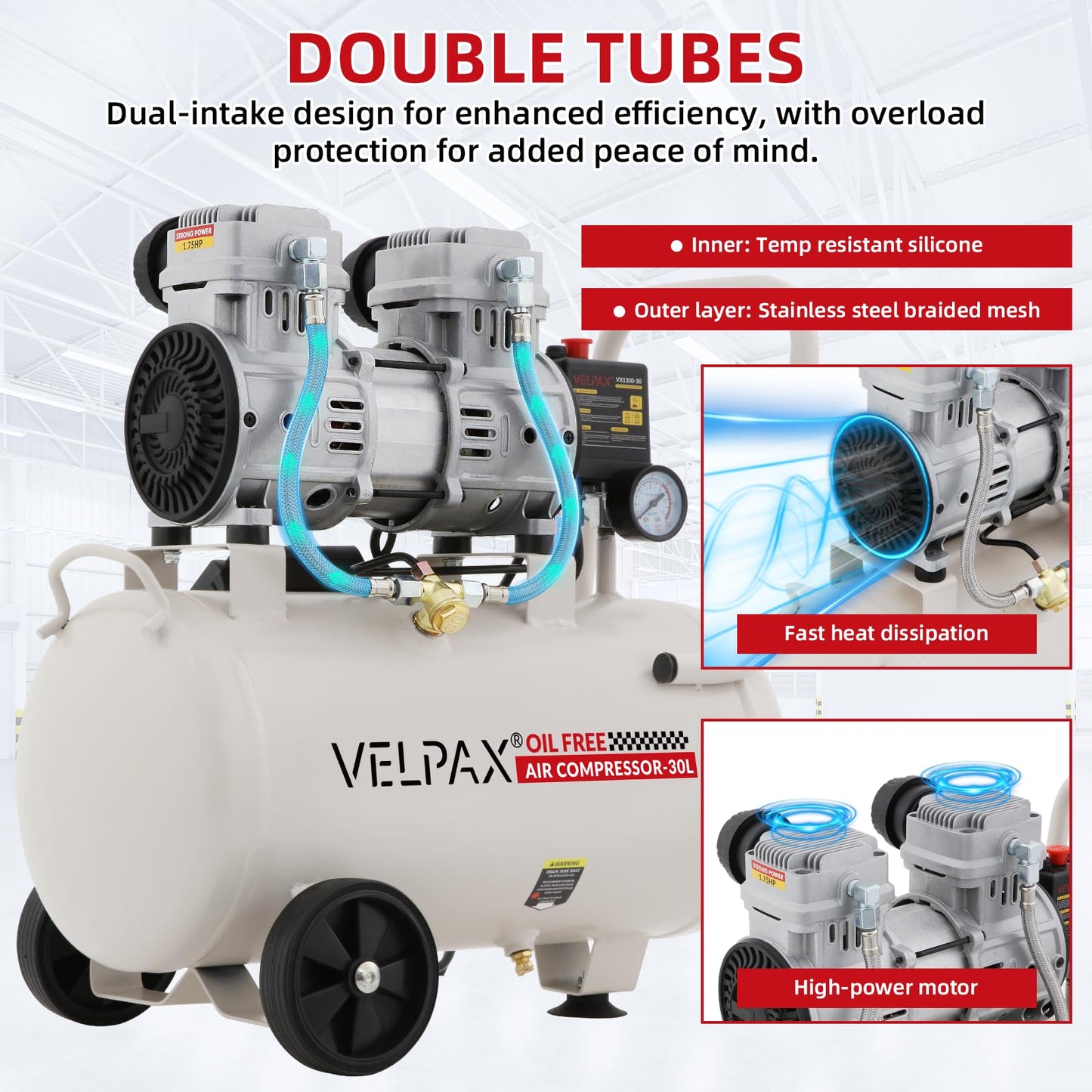 Ultra Quiet Air Compressor, Only 68dB, 8 Gallon Tank, Oil-Free, 110V/60Hz 1.75HP, 7.42CFM@115PSI, Air Compressor Perfect for Spray Painting, Auto Repair, Tire inflation, Woodwork nailing