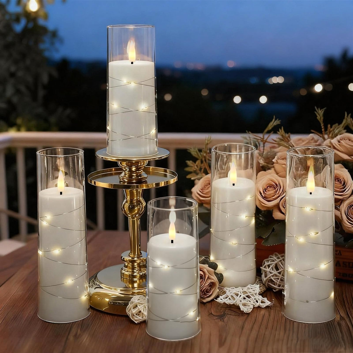 Raycare Flameless Candle with Remote Timer – 5 Flickering Acrylic Battery Operated LED Pillar Candles with Embedded Star String for Christmas, Wedding, Home Decor, and as a Gift(White)