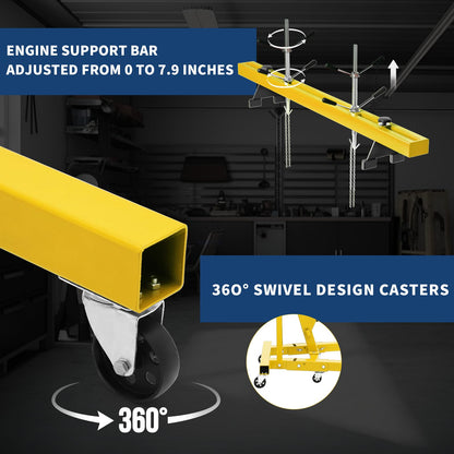 MilleLoom 2T Heavy Duty Folding Engine Hoist with 59" Load Leveler - 4400 Lbs Hydraulic Cherry Picker, 6 Swivel Wheels & 1100 Lbs Engine Support Bar for Garage Workshop Warehouse