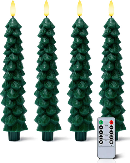 Stmarry 4 PCS Flameless Christmas Tree Candles with Remote Timer, Real Wax Flameless Taper Candles 9.65 Inch, LED Candlesticks with 3D Flickering Flame, Christmas Decor Candles Battery Operated