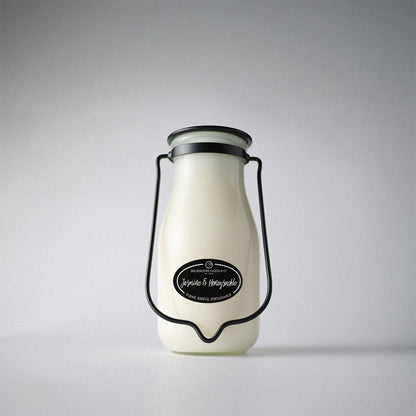 Milkhouse Candle Company Jasmine & Honeysuckle Soy Candle - Honeysuckle | White Jasmine | Citron & Greens Scented - 14 oz Milkbottle with Lid, 90+ Hour Burn Time, Made in the USA